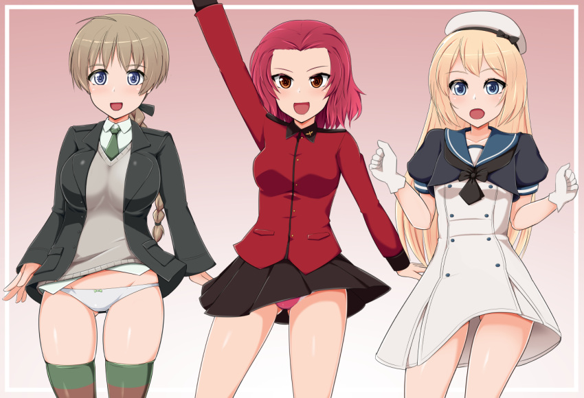 3girls ahoge arm_up black_jacket black_skirt blonde_hair blue_eyes blue_sailor_collar braid breasts brown_eyes brown_hair cowboy_shot crossover dress girls_und_panzer gloves green_neckwear grey_vest hat jacket jervis_(kancolle) kantai_collection large_breasts long_hair long_sleeves lynette_bishop multiple_girls necktie nikku_(nzaf5832) open_clothes open_jacket open_mouth panties pleated_skirt puffy_short_sleeves puffy_sleeves redhead rosehip_(girls_und_panzer) sailor_collar sailor_dress sailor_hat short_hair short_sleeves single_braid skirt smile st._gloriana's_military_uniform strike_witches suit_jacket sweater_vest underwear vest white_dress white_gloves white_headwear white_panties world_witches_series