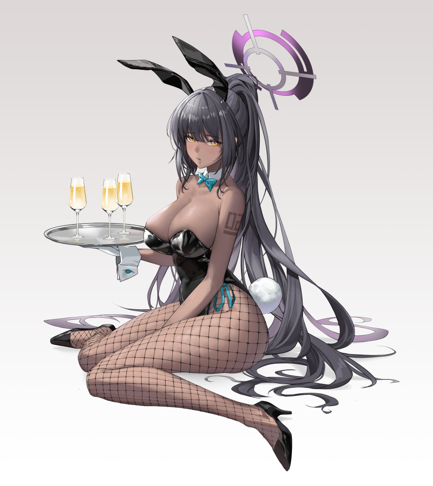 1girl absurdres animal_ears bangs bare_arms between_legs black_footwear black_hair black_leotard blue_archive breasts commentary_request cup dark-skinned_female dark_skin drinking_glass eyebrows_visible_through_hair fishnet_legwear fishnets full_body hair_between_eyes hand_between_legs highres holding holding_tray karin_(blue_archive) large_breasts leotard long_hair looking_at_viewer pantyhose parted_lips playboy_bunny ponytail rabbit_ears rabbit_tail simple_background sitting solo strapless strapless_leotard tail tray very_long_hair wariza yellow_eyes yo_owl