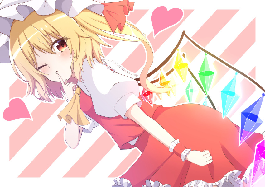1girl absurdres ascot bangs blonde_hair blush breasts brown_eyes collar collared_shirt crystal eyebrows_visible_through_hair eyes_visible_through_hair flandre_scarlet frills hair_between_eyes hand_up hat hat_ribbon heart highres jewelry looking_to_the_side medium_breasts mob_cap multicolored multicolored_wings one_eye_closed one_side_up open_mouth orange_ribbon pink_background pink_heart puffy_short_sleeves puffy_sleeves red_skirt red_vest ribbon shirt short_hair short_sleeves skirt solo standing striped striped_background touhou vest white_background white_headwear white_shirt wings wrist_cuffs yellow_neckwear youka1258