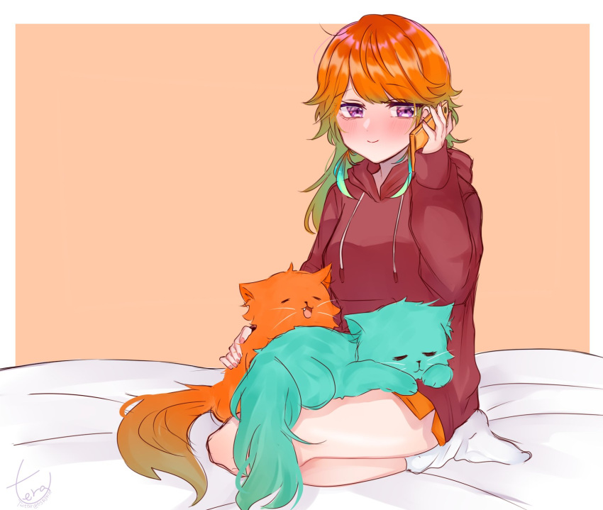 1girl alternate_costume animal bed bedroom blush cat cellphone chonkers_(takanashi_kiara) earrings feather_earrings feathers gradient_hair hair_down highres holding holding_animal holding_cat holding_phone hololive hololive_english jewelry long_hair multicolored_hair on_bed orange_hair phone sitting sitting_on_bed smartphone smoothie_(takanashi_kiara) takanashi_kiara tera_(trs82341711) violet_eyes virtual_youtuber