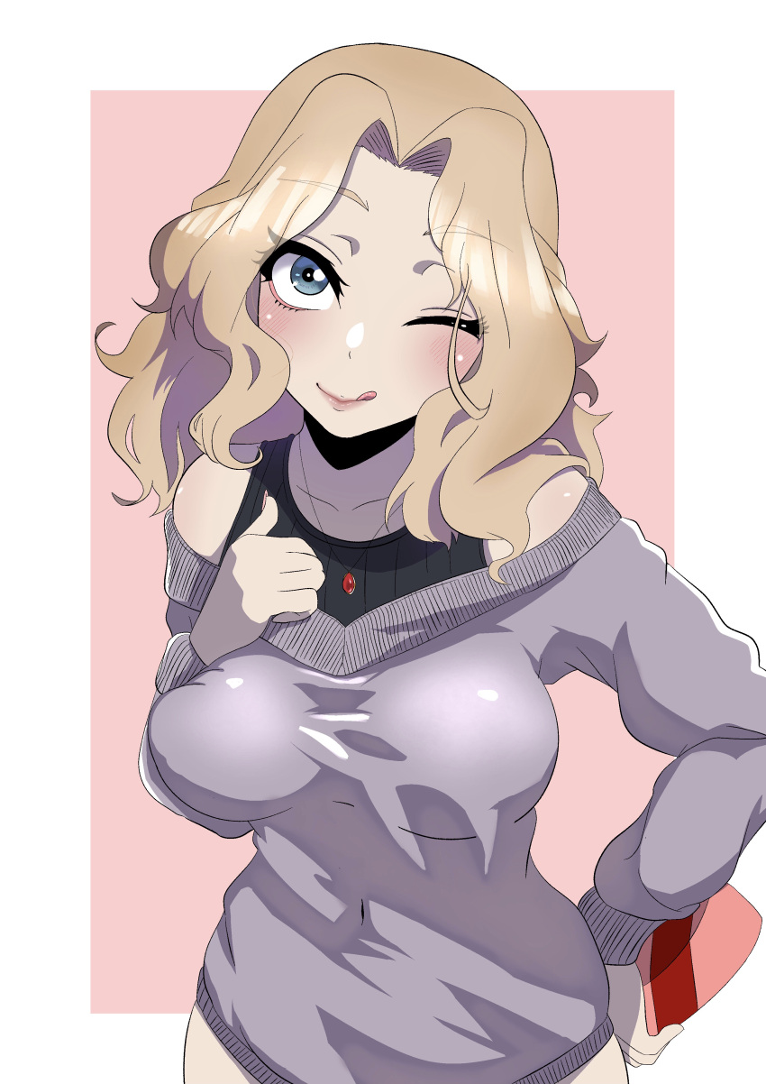 1girl :q absurdres black_shirt blonde_hair blue_eyes box breasts casual closed_mouth commentary cowboy_shot eyebrows_visible_through_hair gift gift_box girls_und_panzer grey_sweater hair_intakes hand_on_hip heart-shaped_box highres holding holding_gift jewelry kay_(girls_und_panzer) long_hair looking_at_viewer medium_breasts necklace no_pants off-shoulder_sweater off_shoulder one_eye_closed outside_border pink_background shirt smile solo standing sweater tank_top tenpura32200 tongue tongue_out