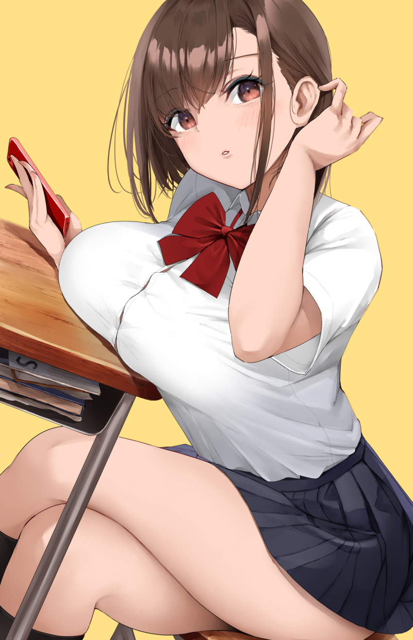 1girl bangs banned_artist blush bow bowtie breast_rest breasts brown_eyes brown_hair cellphone chair crossed_legs desk fay_(fay_axl) highres holding holding_phone kneehighs large_breasts long_hair original parted_lips phone pleated_skirt red_neckwear school_desk school_uniform shirt simple_background sitting skirt smartphone solo thighs white_shirt yellow_background