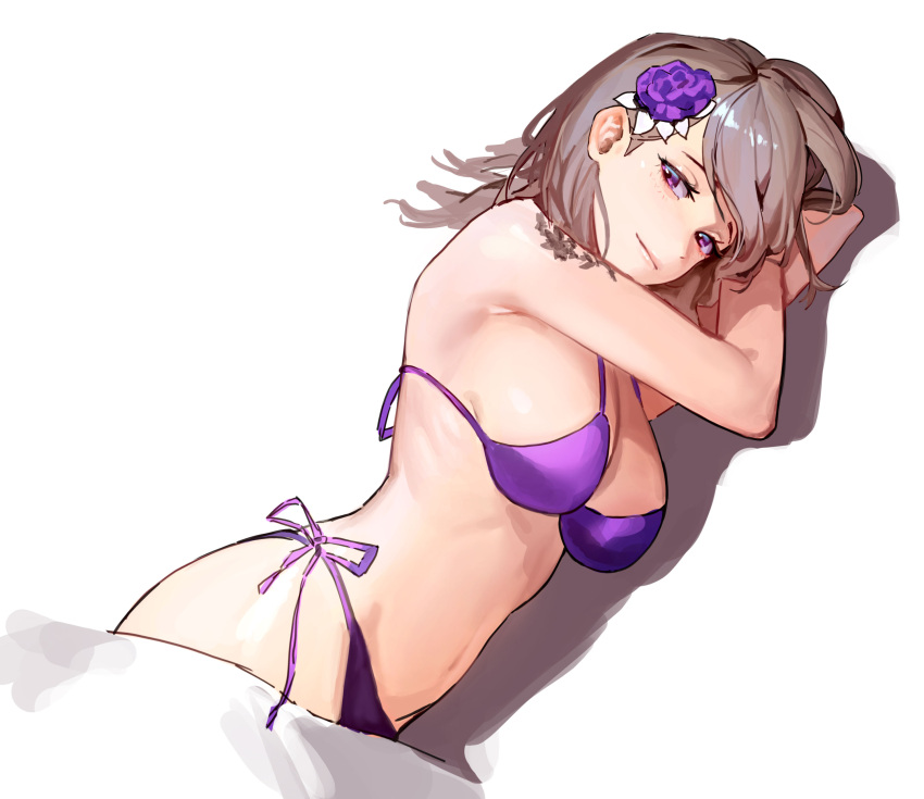 1girl absurdres arm_tattoo bikini blanket breasts brown_hair closed_mouth commentary flower hair_flower hair_ornament head_on_hand highres looking_at_viewer lying mac_star medium_breasts medium_hair on_side original purple_bikini purple_flower side-tie_bikini simple_background solo swimsuit tattoo under_covers violet_eyes white_background