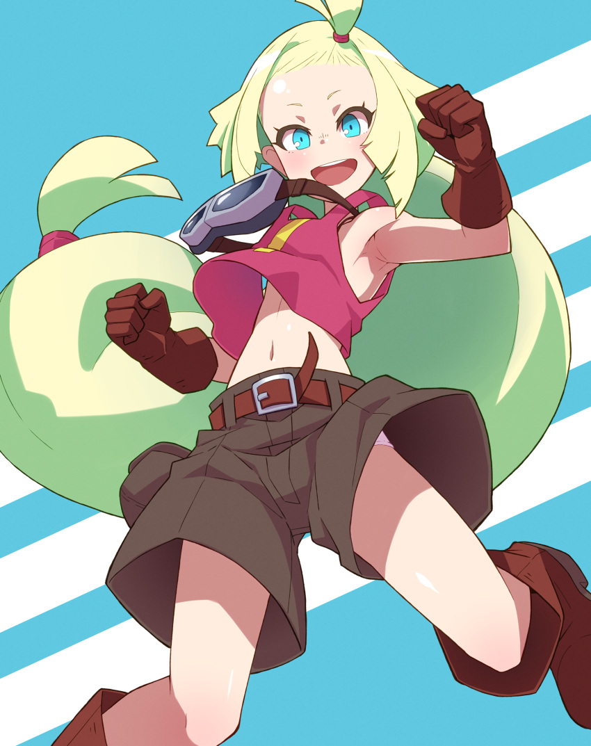 1girl :d armpits baggy_shorts belt blonde_hair blue_background blue_eyes brown_belt brown_gloves brown_shorts clenched_hands clothes_lift gloves goggles goggles_around_neck highres long_hair looking_at_viewer low-tied_long_hair memenpu midriff navel open_mouth panties panty_peek pink_panties qome sakugan shiny shiny_forehead shiny_skin shirt shorts sleeveless sleeveless_shirt smile solo striped striped_background tied_hair underwear very_long_hair