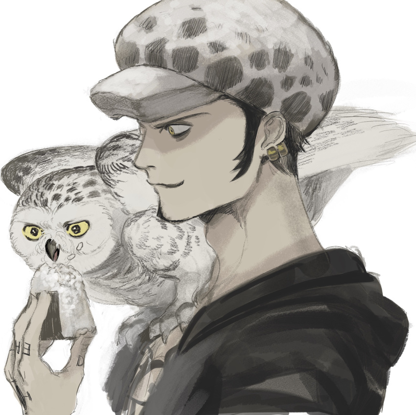 1boy animal_on_shoulder bird bird_on_shoulder black_hair earrings facial_hair feeding food fur_hat hat highres hood jewelry male_focus one_piece onigiri owl santa65 short_hair smile solo tattoo trafalgar_law yellow_eyes