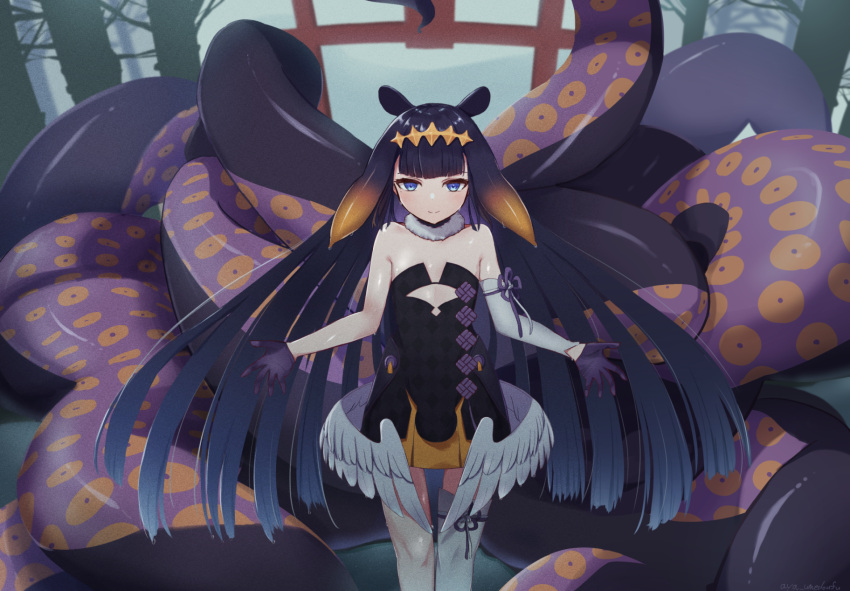 1girl black_dress black_gloves black_hair blue_eyes check_commentary commentary_request dress elbow_gloves flat_chest gloves headpiece highres hololive hololive_english long_hair low_wings mole mole_under_eye ninomae_ina'nis outstretched_arms single_elbow_glove single_thighhigh smile tentacle_hair tentacles thigh-highs umedoufu very_long_hair virtual_youtuber white_legwear wings