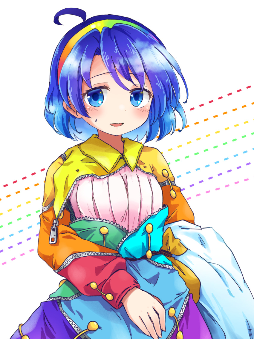 1girl ahoge blue_eyes blue_hair blush commentary_request cowboy_shot dress eyebrows_visible_through_hair hairband highres long_sleeves looking_at_viewer multicolored multicolored_clothes multicolored_dress multicolored_hairband open_mouth patchwork_clothes pote_(ptkan) pouch rainbow_gradient short_hair solo tenkyuu_chimata touhou unzipped zipper