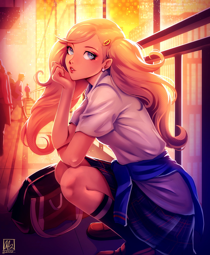 1girl absurdres alina_l blonde_hair blue_eyes clothes_around_waist commentary earrings hair_ornament hairclip highres indoors jewelry long_hair looking_at_viewer necklace persona persona_5 plaid plaid_skirt pleated_skirt school_uniform shirt shoes silhouette skirt smile socks solo squatting sunset sweater sweater_around_waist takamaki_anne twintails white_background white_shirt