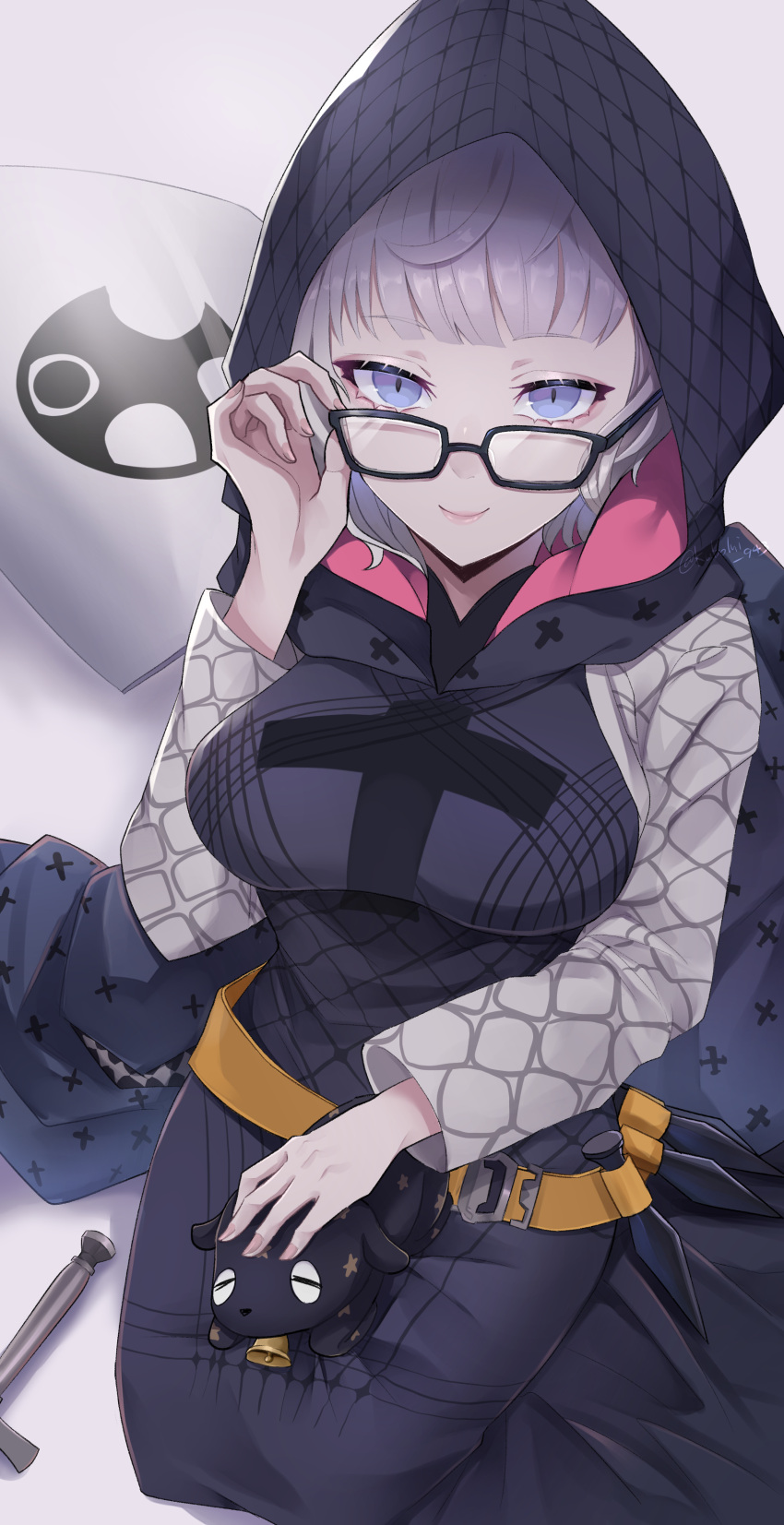 1girl absurdres bangs black-framed_eyewear black_dress blue_eyes dress eyebrows_visible_through_hair fate/grand_order fate_(series) glasses grey_hair highres hooded_dress jacques_de_molay_(foreigner)_(fate) kubomi_943 long_sleeves looking_at_viewer seiza shield short_hair simple_background sitting smile sword weapon
