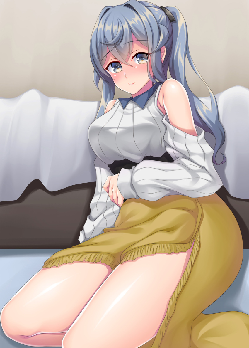 1girl absurdres bare_shoulders blue_eyes blue_hair blush breasts closed_mouth detached_sleeves eyebrows_visible_through_hair gotland_(kancolle) hair_between_eyes highres kantai_collection large_breasts long_hair long_skirt looking_at_viewer mole mole_under_eye official_alternate_costume ruin_re_birth shirt skirt smile solo white_shirt yellow_skirt