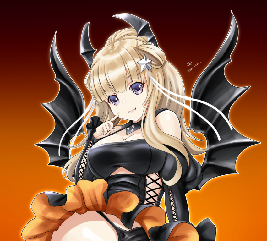 1girl alternate_hairstyle black_background black_dress black_panties blonde_hair breasts claws dated demon_girl demon_horns demon_tail demon_wings detached_sleeves double_bun dress eyebrows_visible_through_hair fangs fletcher_(kancolle) gradient gradient_background hair_ornament halloween halloween_costume horns kantai_collection large_breasts long_hair looking_at_viewer multicolored multicolored_background off_shoulder orange_background panties ponytail purple_background signature sitting solo star_(symbol) star_hair_ornament tail tk8d32 underwear violet_eyes wings