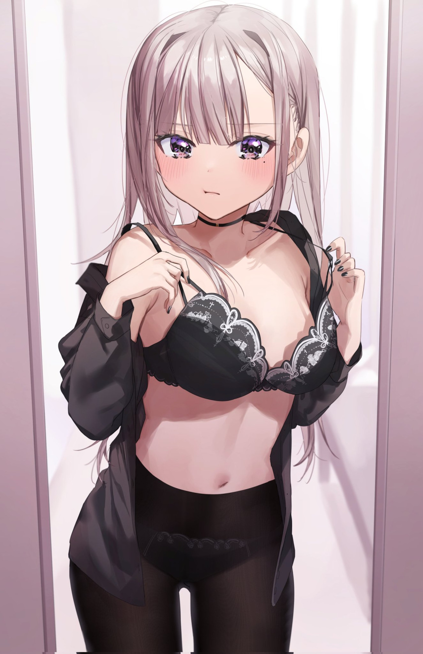 1girl black_bra black_choker black_legwear black_nails black_shirt blush bra breasts chigusa_minori choker commentary_request highres lace-trimmed_bra lace-trimmed_panties lace_trim long_hair long_sleeves looking_at_viewer midriff mole mole_under_eye nail_polish navel no_pants open_clothes open_shirt original oversized_breast_cup panties panties_under_pantyhose pantyhose shirt silver_hair small_breasts solo standing underwear undressing violet_eyes