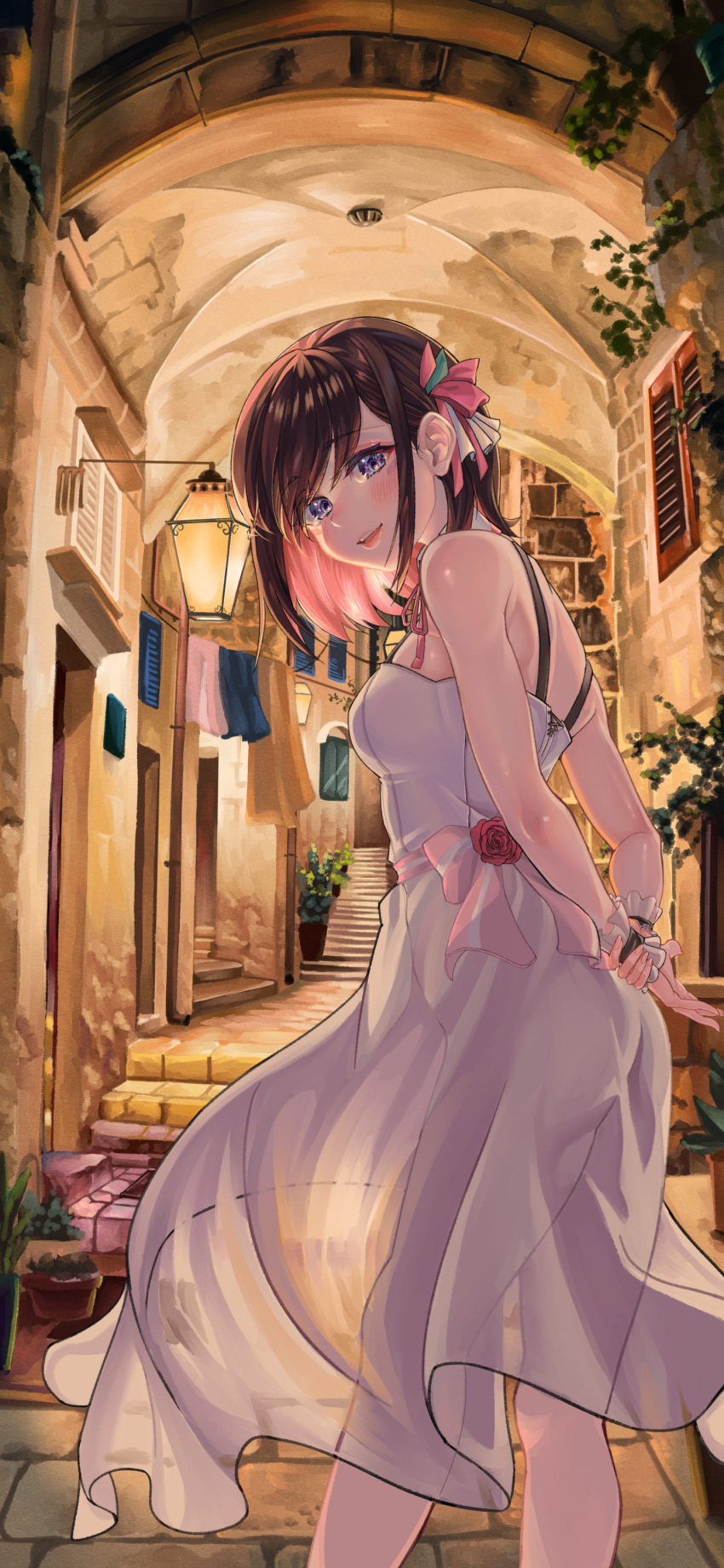 1girl absurdres arms_behind_back azki_(hololive) bangs bare_arms bare_shoulders blush breasts brown_hair colored_inner_hair commentary_request dress eyebrows_visible_through_hair feet_out_of_frame flower from_side hair_ribbon highres hololive lamp looking_at_viewer medium_breasts multicolored_hair parted_lips pink_hair pink_ribbon plant potted_plant red_flower red_rose ribbon rose see-through_silhouette sleeveless sleeveless_dress smile snarkhunt solo standing teeth upper_teeth violet_eyes virtual_youtuber wall_lamp white_dress wrist_cuffs