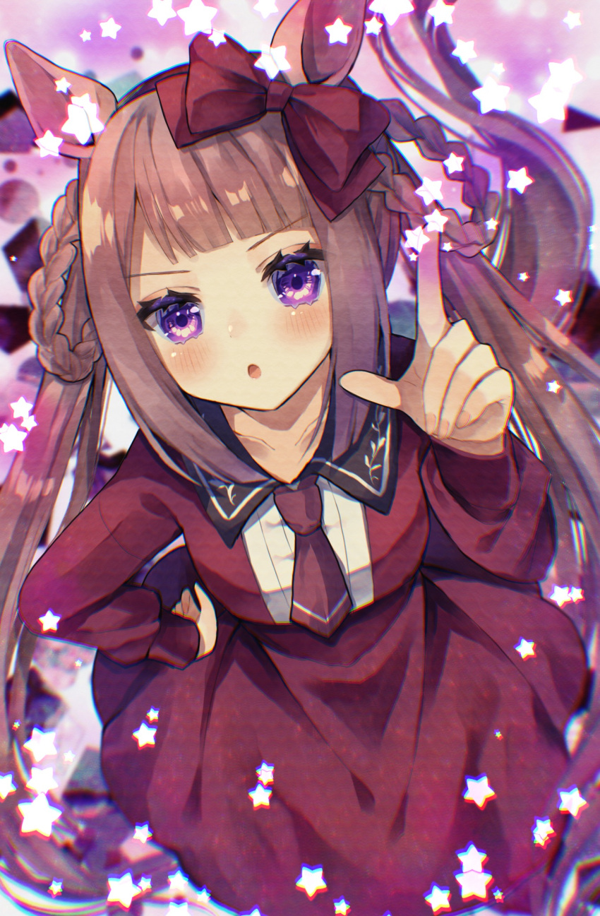 1girl :o animal_ears blush bow brown_hair chromatic_aberration commentary_request from_above hair_bow hair_rings hand_on_hip highres horse_ears horse_girl horse_tail long_hair long_sleeves looking_at_viewer necktie pointing pointing_at_viewer red_bow star_(symbol) sweep_tosho_(umamusume) tail twintails umamusume violet_eyes xx_momomo_xx