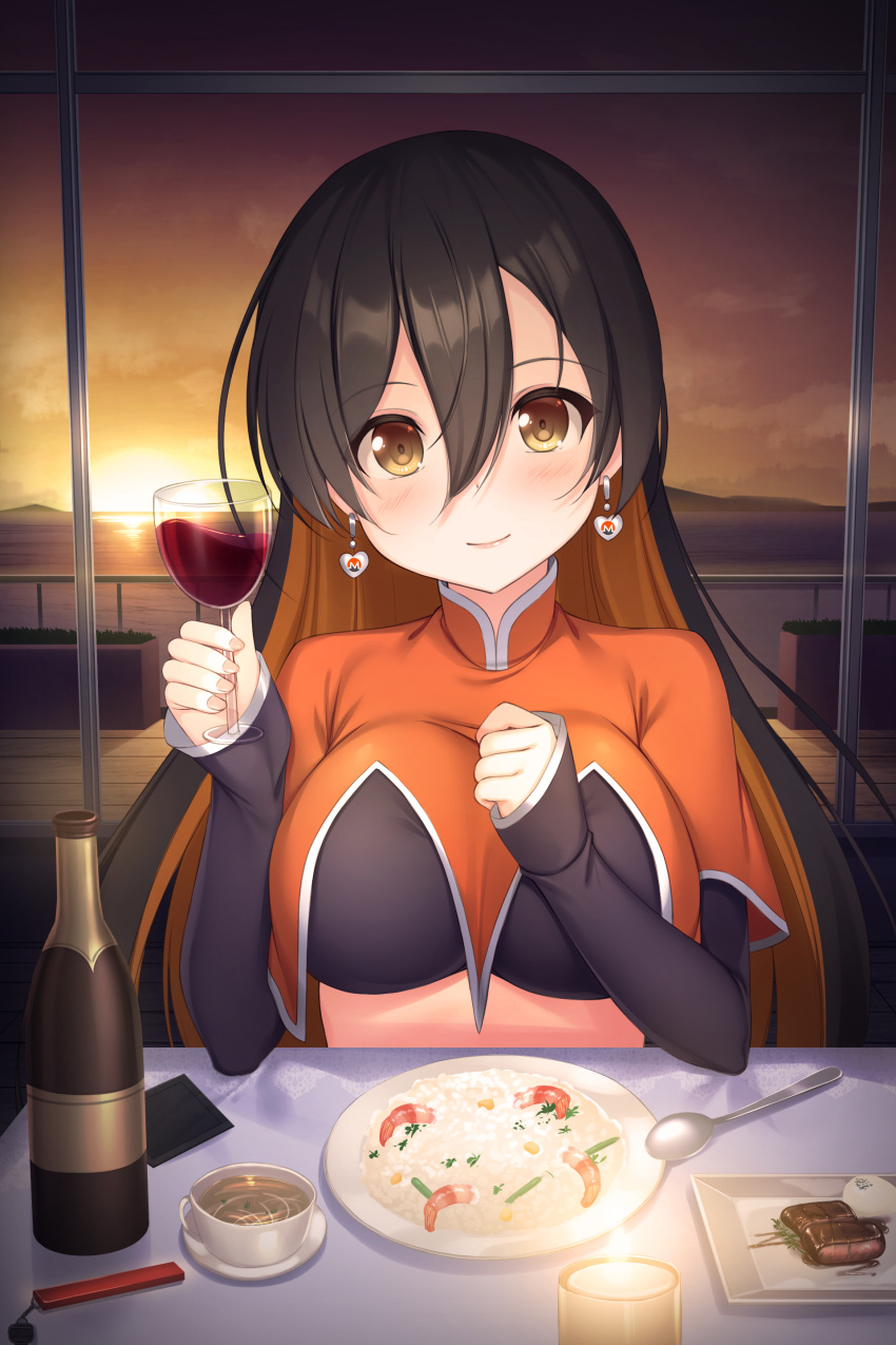 1girl absurdres alcohol black_hair black_shirt bottle breasts brown_eyes candle capelet closed_mouth clouds commission crop_top cup dinner drinking_glass earrings food hair_between_eyes highres holding holding_cup horizon indoors jewelry kageira large_breasts long_hair long_sleeves looking_at_viewer meat monero-chan multicolored_hair orange_capelet orange_hair original plate pov rice second-party_source shirt shrimp sitting skeb_commission sky sleeves_past_wrists smile solo spoon sunset table tea teacup tight two-tone_hair upper_body water window wine wine_bottle wine_glass