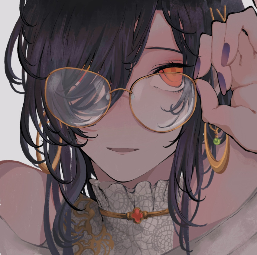 1girl alternate_costume bare_shoulders black_hair blush close-up earrings glasses hair_over_one_eye highres hoop_earrings jewelry looking_at_viewer nail_polish nijisanji official_alternate_costume open_mouth orange_eyes purple_nails shirayuki_tomoe short_hair solo virtual_youtuber white_background zero_zhengyi