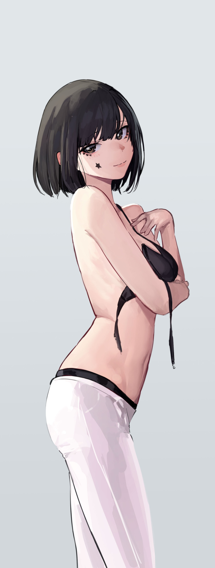 1girl absurdres arm_under_breasts bangs black_bra black_hair black_panties blunt_bangs bob_cut bra breast_hold breasts brown_eyes commentary facial_mark from_side grey_background hand_on_own_chest hand_up highres looking_at_viewer looking_to_the_side mac_star no_shirt original panties short_hair simple_background solo standing star_(symbol) star_facial_mark underwear untied_bra white_panties