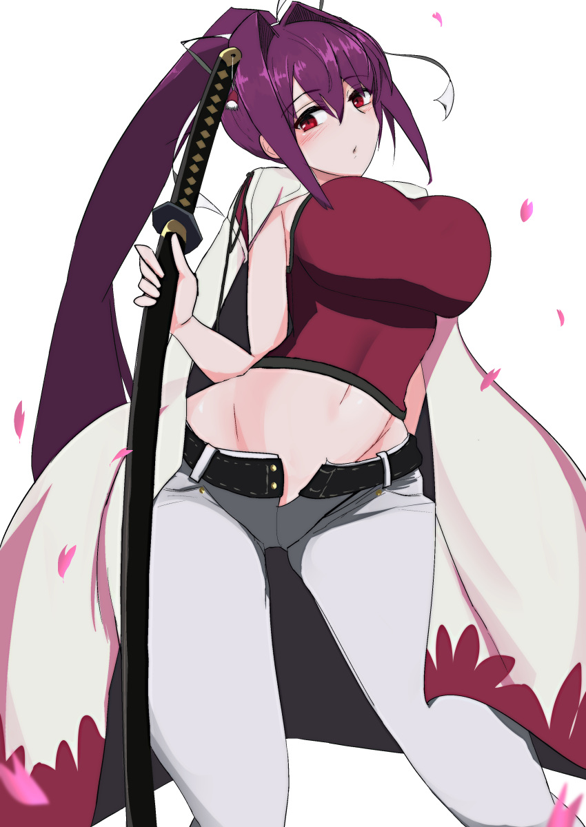1girl absurdres bare_shoulders belt blush breasts camisole capri_pants high_ponytail highres holding holding_sword holding_weapon jacket jacket_on_shoulders large_breasts long_hair navel ootachi pants parted_lips purple_hair red_camisole red_eyes solo sword tsu-mo3 under_night_in-birth very_long_hair weapon white_pants yuzuriha_(under_night_in-birth)