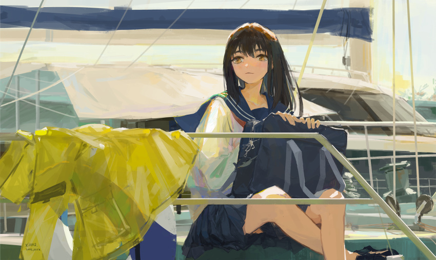 1girl artist_name bag blue_sailor_collar blue_skirt boat brown_hair closed_mouth commentary_request crossed_legs dated day feet_out_of_frame highres jacket jacket_removed light_smile long_hair long_sleeves original outdoors pleated_skirt sailor_collar school_bag school_uniform serafuku shirt sitting skirt solo watercraft white_shirt xilmo yellow_eyes yellow_jacket