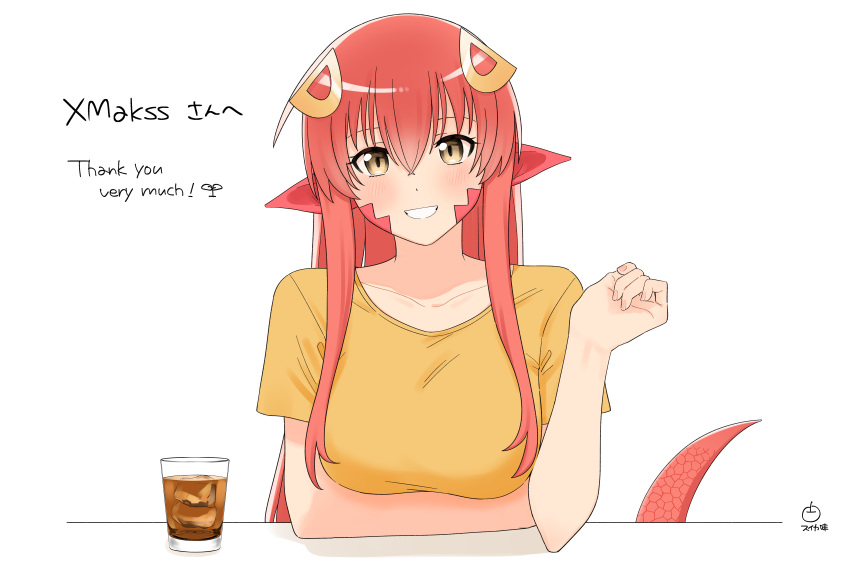 1girl absurdres blush breasts collarbone commission commissioner_upload cup drinking_glass fingernails hair_between_eyes hair_ornament highres ice lamia large_breasts long_hair looking_at_viewer melonwaterlemon miia_(monster_musume) monster_girl monster_musume_no_iru_nichijou pink_nails pointy_ears redhead scales shiny shiny_hair shirt sidelocks skeb_commission solo white_background yellow_eyes