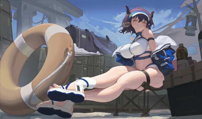 1girl :d absurdres animal_ears arknights arm_strap bag bare_shoulders bikini blue_headwear blue_jacket blue_sky blush bottle box breasts commission cow_ears cow_horns crossed_legs day duffel_bag foreshortening grin highres horns jacket lantern large_breasts lifebuoy long_sleeves looking_at_viewer navel nnn off_shoulder official_alternate_costume open_clothes open_jacket orange_eyes outdoors parted_lips purple_hair sandals short_hair sideroca_(arknights) sideroca_(light_breeze)_(arknights) sitting skindentation sky smile solo stomach sunlight swimsuit thigh_strap toes visor_cap white_bikini white_footwear