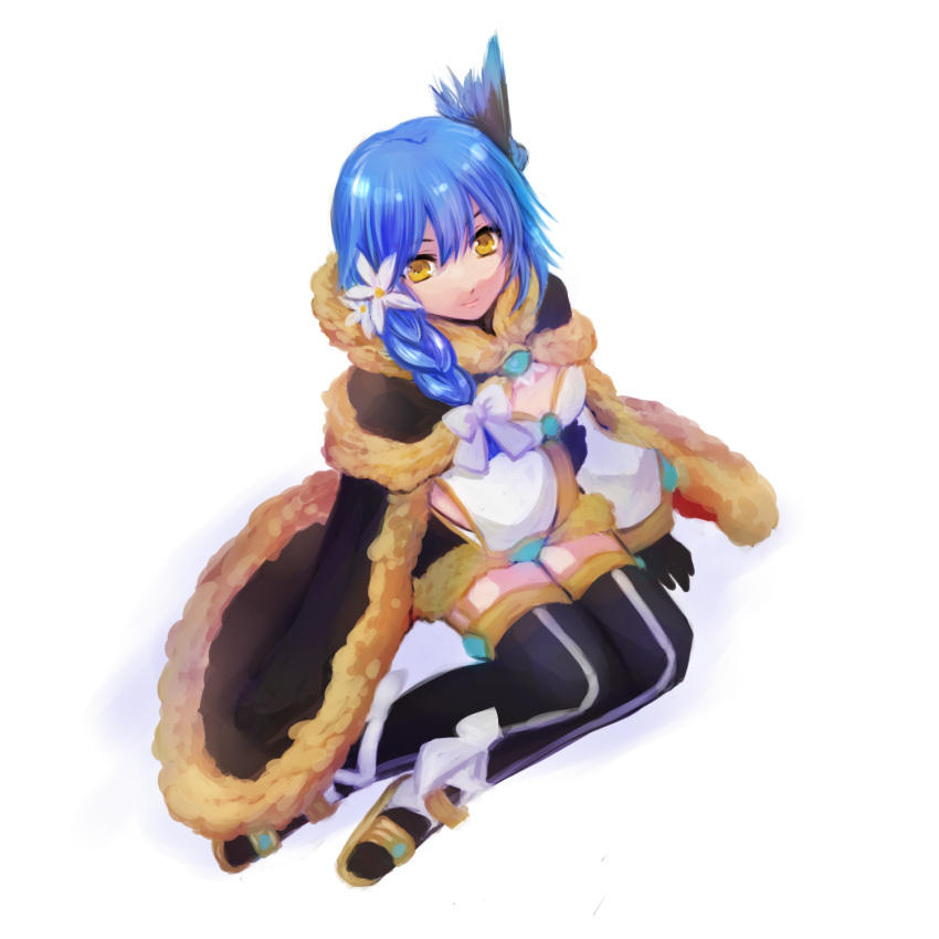 1girl bangs black_legwear black_wings blue_hair blue_wings bow braid brown_cape brown_dress cape closed_mouth commentary_request dress flower full_body fur-trimmed_cape fur-trimmed_dress fur_trim garter_straps gold_trim hair_bow hair_flower hair_ornament head_wings highres looking_at_viewer manoji official_alternate_costume ragnarok_online red_cape sandals short_dress side_braid simple_background single_braid sitting smile solo two-sided_cape two-sided_fabric two-tone_dress two-tone_legwear two-tone_wings warlock_(ragnarok_online) white_background white_bow white_dress white_flower wings yellow_eyes yellow_footwear yokozuwari