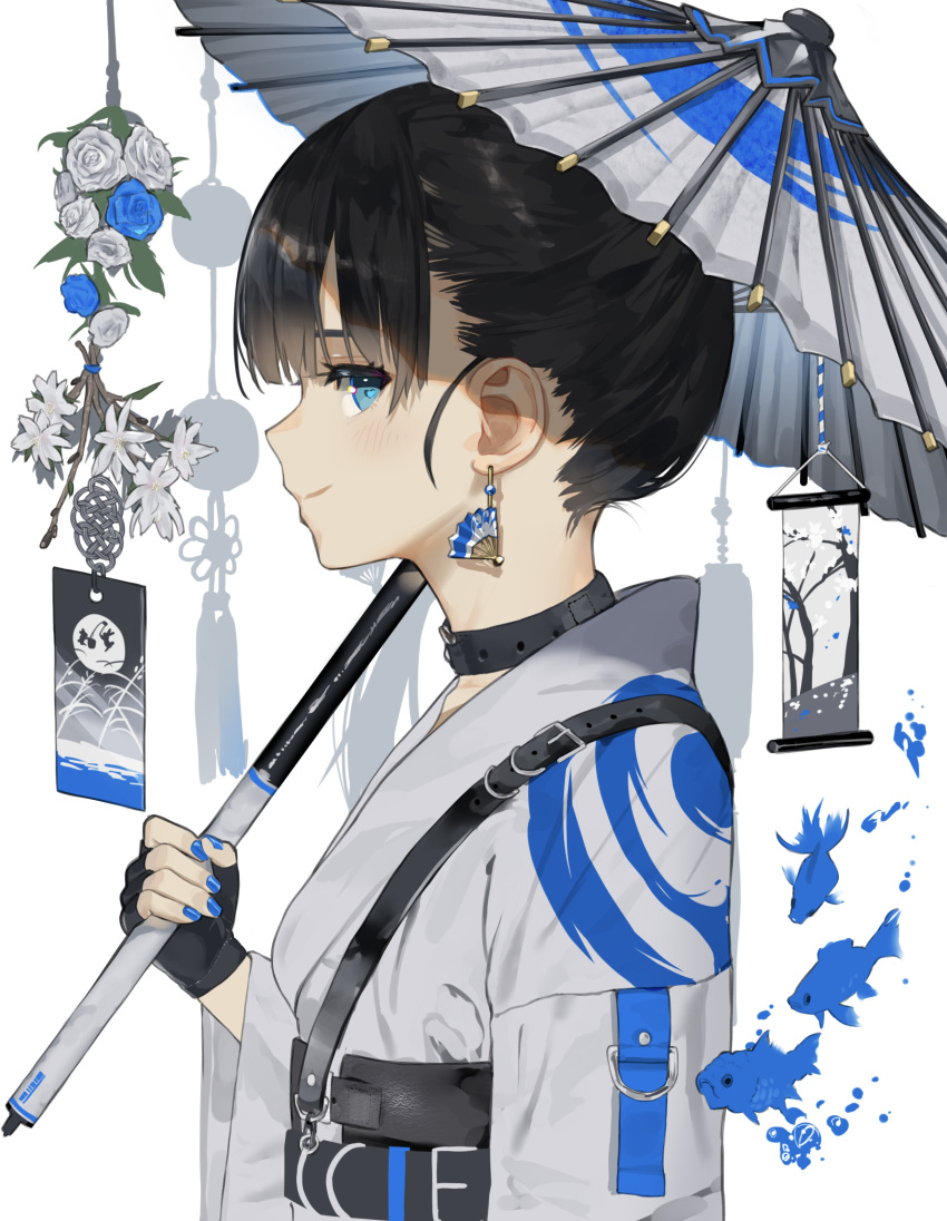 1girl absurdres bangs black_gloves black_hair blue_eyes blue_flower blue_nails blue_rose blush buckle closed_mouth collar earrings eyebrows_visible_through_hair fingerless_gloves fish flower from_side gloves heart heart-shaped_pupils highres holding holding_umbrella jewelry long_sleeves looking_at_viewer looking_to_the_side mashiro_kta nail_polish oil-paper_umbrella original profile rose short_hair sideways_glance simple_background smile solo symbol-shaped_pupils tassel umbrella upper_body white_background white_flower white_rose wide_sleeves
