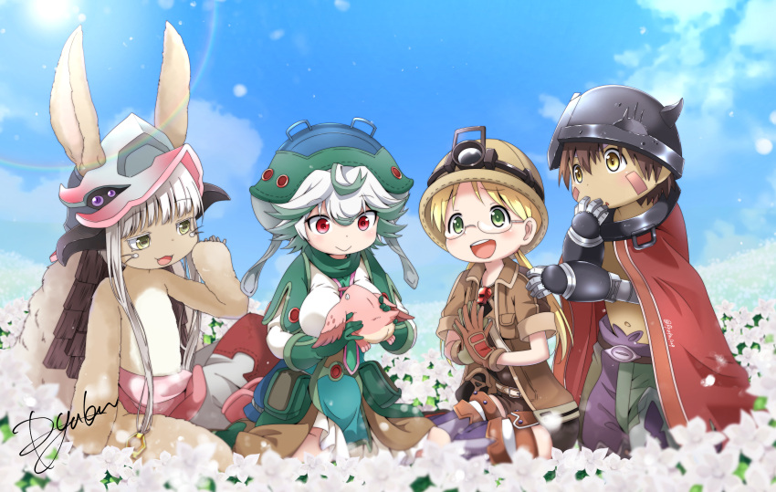 1boy 3girls absurdres animal_ears artist_name bangs blonde_hair brown_gloves brown_hair brown_headwear brown_jacket cape check_commentary commentary_request covered_mouth eyebrows_visible_through_hair flower furry glasses gloves green_eyes green_neckwear hand_on_own_face happy hat helmet highres jacket long_hair made_in_abyss mechanical_arms meinya_(made_in_abyss) multiple_girls nanachi_(made_in_abyss) on_ground outdoors prushka red_eyes regu_(made_in_abyss) riko_(made_in_abyss) robot ryuka seiza shirt short_hair signature sitting smile teeth upper_teeth white_hair white_shirt yellow_eyes
