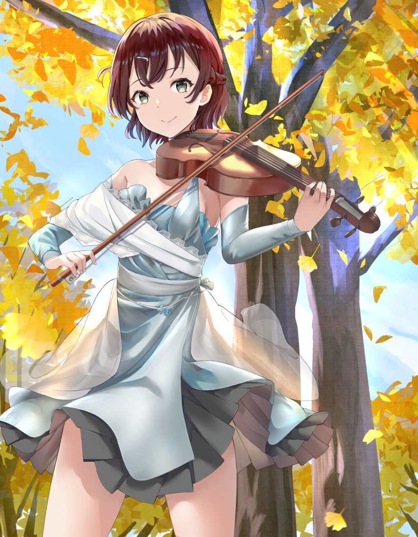1girl autumn autumn_leaves blue_dress bow_(instrument) braid breasts brown_hair day detached_sleeves dress falling_leaves french_braid green_eyes hair_ornament hairclip highres holding holding_instrument instrument leaf mosta_(lo1777789) music original outdoors playing_instrument short_hair small_breasts smile solo standing tree violin