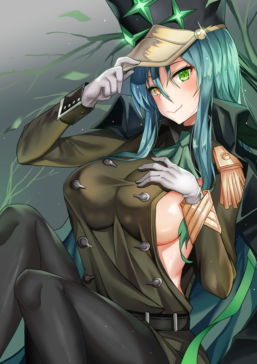 1girl absurdres alchemy_stars belt black_legwear black_pants breasts closed_mouth deogho_(liujinzy9854) gloves gold_trim gradient gradient_background green_eyes hair_between_eyes hand_on_own_chest hat hat_tip heterochromia highres jacket jacket_on_shoulders korean_commentary large_breasts long_hair long_sleeves open_clothes pants shiny shiny_skin shirt sideboob sidelocks smile solo split_mouth tassel taut_clothes taut_shirt tree uniform white_gloves yellow_eyes