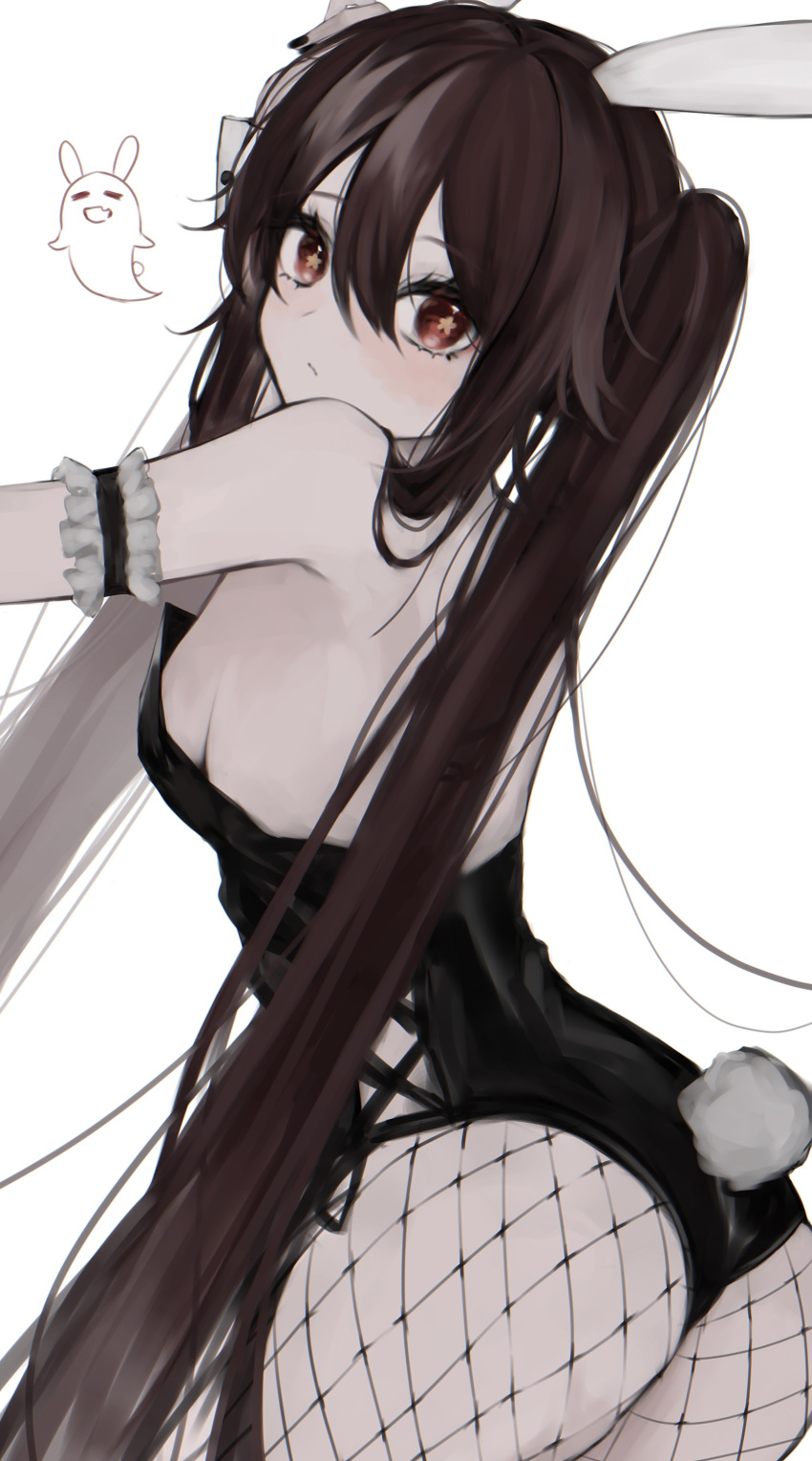 1girl absurdres alternate_costume animal_ears arm_garter bangs black_leotard breasts brown_hair cowboy_shot expressionless fake_animal_ears fake_tail fishnet_legwear fishnets genshin_impact ghost hair_flowing_over highres hu_tao_(genshin_impact) leotard long_hair looking_at_viewer looking_back maguro_(minase1684) pantyhose playboy_bunny rabbit_ears rabbit_tail red_eyes sidelocks simple_background small_breasts solo tail twintails very_long_hair white_background