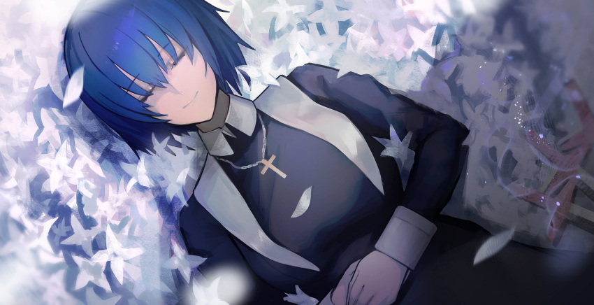 1girl absurdres amirun bangs black_dress black_keys_(type-moon) blue_hair chain chain_necklace ciel_(tsukihime) closed_eyes closed_mouth commentary cross cross_necklace dress eyebrows_visible_through_hair flower flower_bed habit hair_between_eyes highres jewelry latin_cross long_sleeves lying necklace nun own_hands_together petals short_hair smile solo tsukihime tsukihime_(remake) weapon white_flower