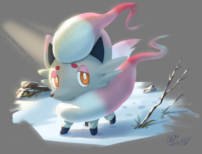 absurdres bright_pupils closed_mouth commentary_request dated footprints full_body grey_background highres hisuian_zorua ho-oh_(artist) no_humans orange_eyes pokemon pokemon_(creature) signature smile snow solo white_pupils