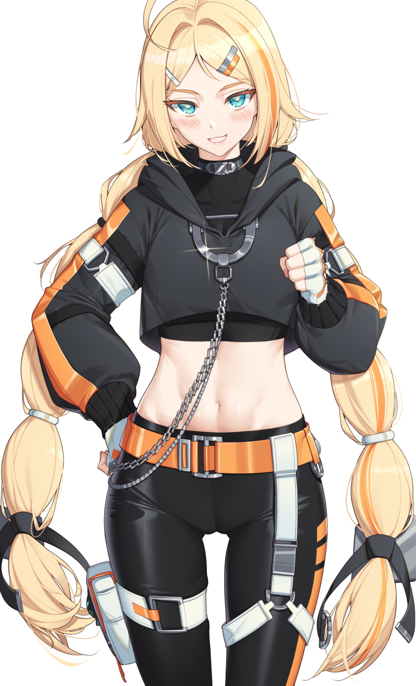 1girl absurdres black_hoodie black_pants black_survival black_undershirt blonde_hair blue_eyes blush crop_top fingerless_gloves gloves highres hood hoodie hop3 long_hair looking_at_viewer midriff navel nicky_blake pants simple_background smile solo twintails very_long_hair white_background