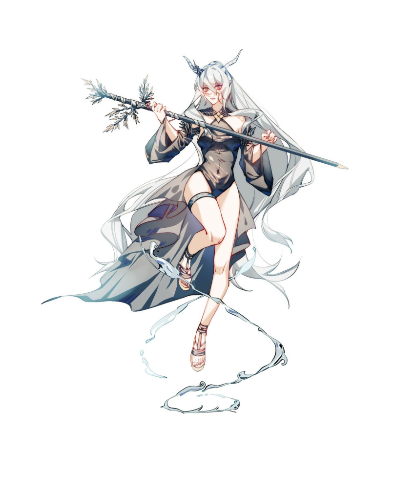 1girl arknights baozi21215 black_sleeves black_swimsuit covered_navel demon_horns eyebrows_visible_through_hair full_body grey_hair hair_between_eyes highres horns infection_monitor_(arknights) long_hair looking_at_viewer official_alternate_costume one-piece_swimsuit red_eyes shining_(arknights) shining_(silent_night)_(arknights) simple_background solo standing standing_on_one_leg swimsuit thigh_strap very_long_hair white_background