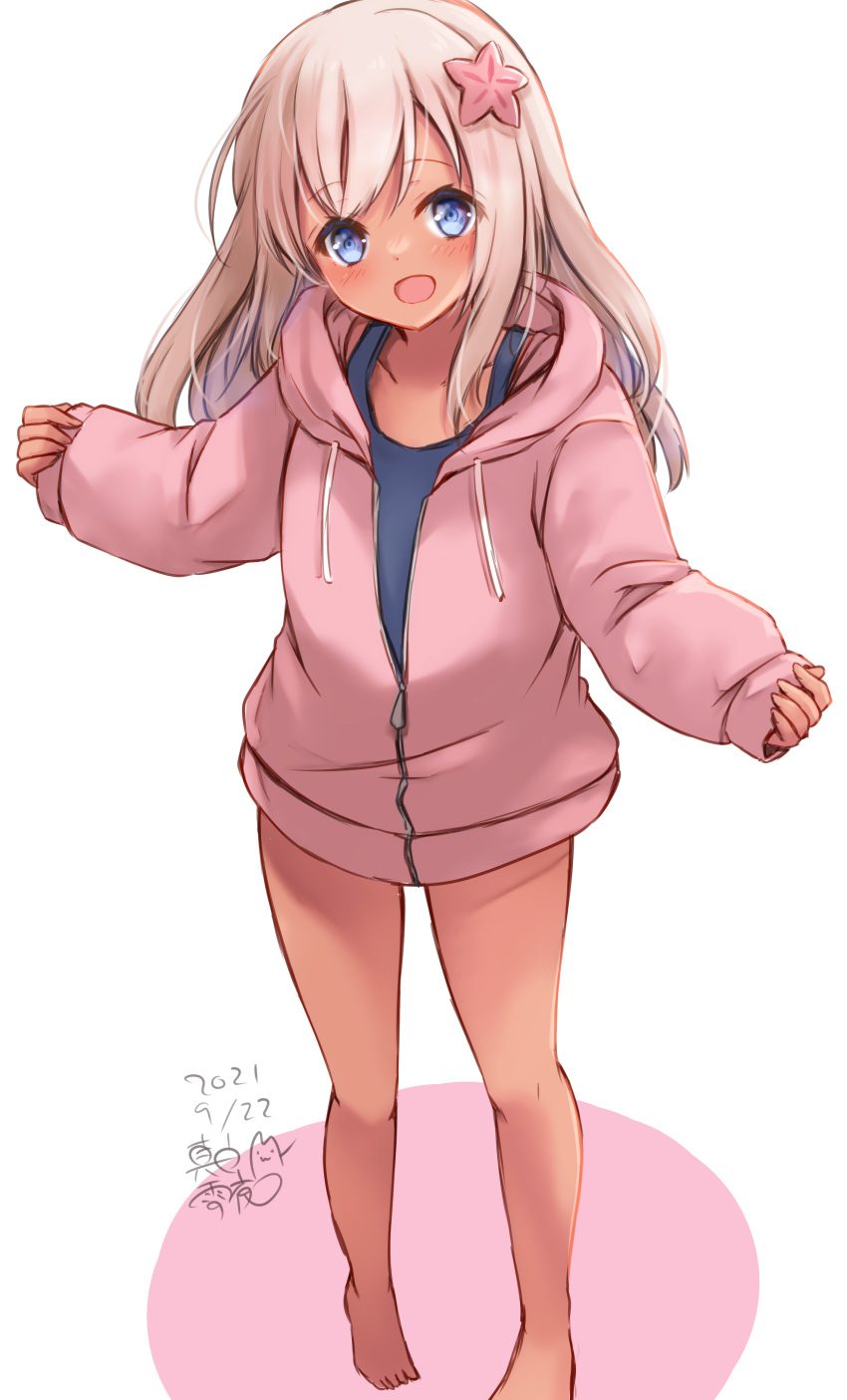 1girl absurdres artist_name bare_arms barefoot black_swimsuit blonde_hair blue_eyes blush collarbone dated eyebrows_visible_through_hair flower hair_flower hair_ornament highres hood hooded_jacket jacket kantai_collection long_hair long_sleeves mashiro_yukiya one-piece_swimsuit open_mouth pink_flower pink_jacket ro-500_(kancolle) school_swimsuit signature simple_background smile solo swimsuit white_background