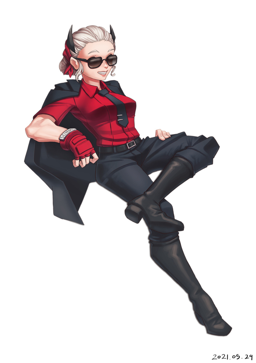 1girl belt belt_buckle black_footwear black_jacket boots buckle clenched_teeth demon_girl fingerless_gloves gloves helltaker highres jacket jacket_on_shoulders junik_(snrj2255) justice_(helltaker) necktie red_gloves sitting smile sunglasses teeth tied_hair