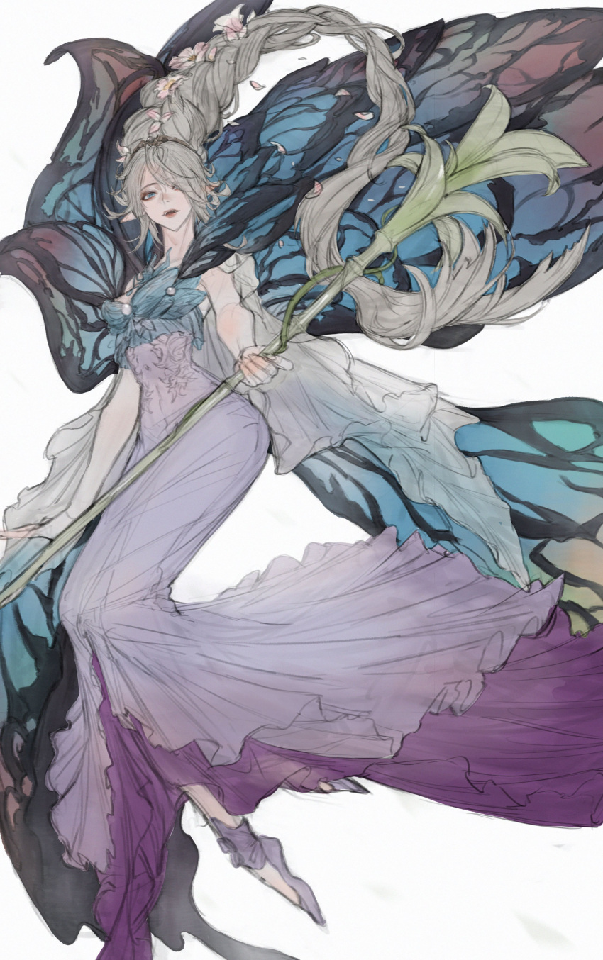 1other absurdres blue_eyes braid butterfly_wings cloak commentary dress final_fantasy final_fantasy_xiv flower foot_out_of_frame hair_flower hair_ornament hair_over_one_eye highres holding holding_staff long_hair looking_at_viewer open_mouth outstretched_arm petals pointy_ears purple_dress purple_footwear shoes silver_hair sketch solo staff tiara titania_(final_fantasy) tladpwl03 very_long_hair white_background white_cloak wings