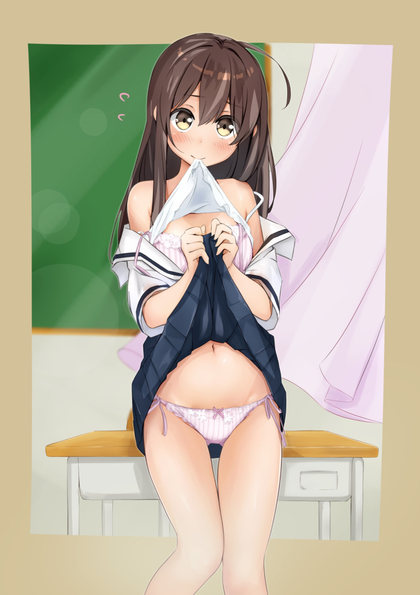 1girl ahoge bangs bare_shoulders blurry blurry_background blush bra breasts brown_eyes brown_hair chalkboard classroom clothes_lift commentary_request cowboy_shot curtains desk hands_up highres indoors lifted_by_self long_hair looking_at_viewer miyuki_(yxbt7) mouth_hold navel off-shoulder_shirt off_shoulder original outside_border panties pink_bra pink_panties pleated_skirt school_desk shirt side-tie_panties skirt skirt_lift small_breasts smile solo stomach strap_slip striped striped_bra striped_panties thigh_gap underwear white_shirt