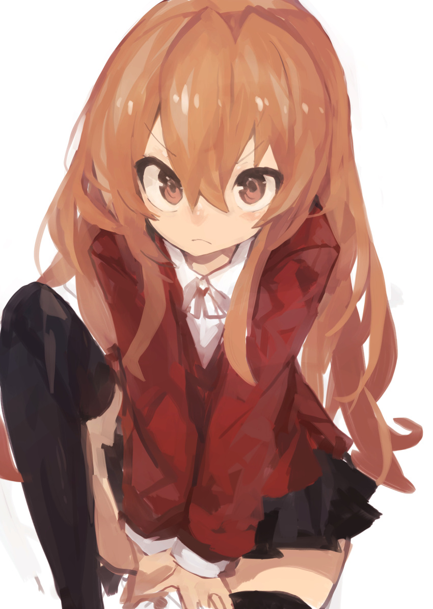 1girl absurdres aisaka_taiga arms_between_legs bangs black_legwear black_skirt brown_eyes brown_hair closed_mouth eyebrows_visible_through_hair feet_out_of_frame hair_between_eyes highres jacket kaamin_(mariarose753) light_frown long_hair long_sleeves looking_at_viewer microskirt oohashi_high_school_uniform own_hands_together pleated_skirt red_jacket school_uniform shirt sidelocks simple_background sitting skirt solo thigh-highs toradora! v-shaped_eyebrows v_arms very_long_hair white_background white_shirt zettai_ryouiki