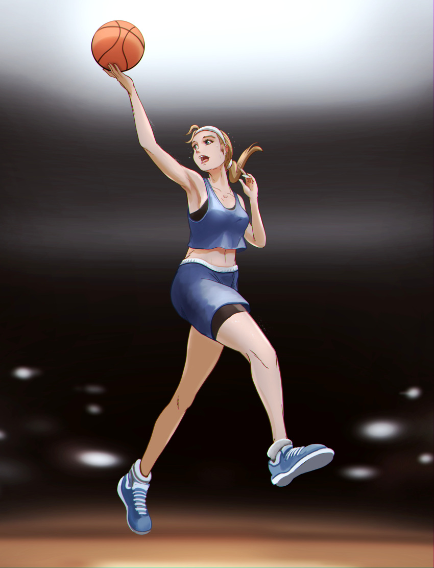 1girl absurdres armpits basketball blonde_hair blue_eyes godlem highres jersey long_hair open_mouth