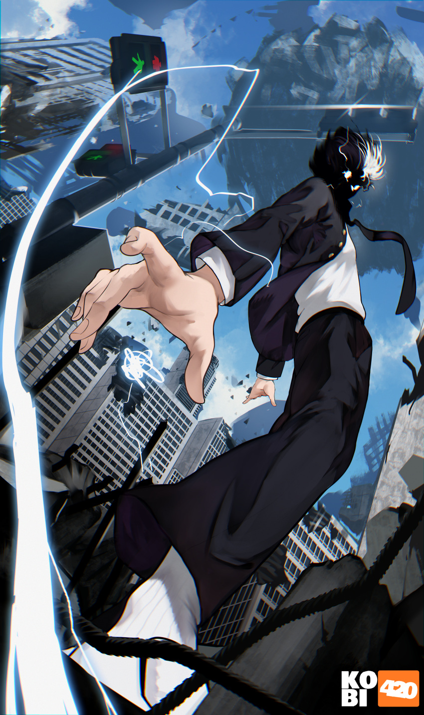 1boy absurdres artist_name bangs black_hair black_pants bowl_cut city cityscape electricity energy energy_ball esper floating floating_hair flying full_body gakuran glowing glowing_eyes highres kageyama_shigeo kobi420 long_sleeves looking_at_viewer mob_psycho_100 necktie outdoors pants psychic school_uniform shirt short_hair sky solo traffic_light white_shirt