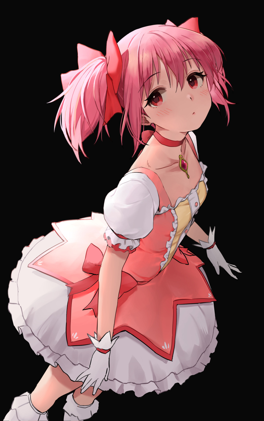 1girl absurdres bangs black_background blush bow bubble_skirt choker closed_mouth collarbone commentary dress eyebrows_visible_through_hair from_above gloves hair_between_eyes hair_bow highres kaname_madoka kirarin369 kneehighs looking_at_viewer looking_up magical_girl mahou_shoujo_madoka_magica pink_dress pink_hair puffy_short_sleeves puffy_sleeves red_bow red_choker red_eyes short_dress short_hair short_sleeves short_twintails sidelocks simple_background skirt solo soul_gem standing twintails white_gloves white_legwear