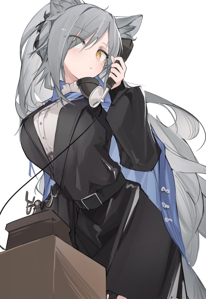 1girl alternate_costume animal_ear_fluff animal_ears arknights bangs belt black_belt black_suit breasts cape cat_ears corded_phone dress_shirt eyebrows_visible_through_hair eyes_visible_through_hair formal frilled_shirt_collar frills grey_hair hair_between_eyes hair_tie highres holding holding_phone large_breasts long_hair long_sleeves mikojin parted_lips phone puffy_long_sleeves puffy_sleeves rotary_phone schwarz_(arknights) shirt simple_background solo suit very_long_hair white_background white_shirt yellow_eyes