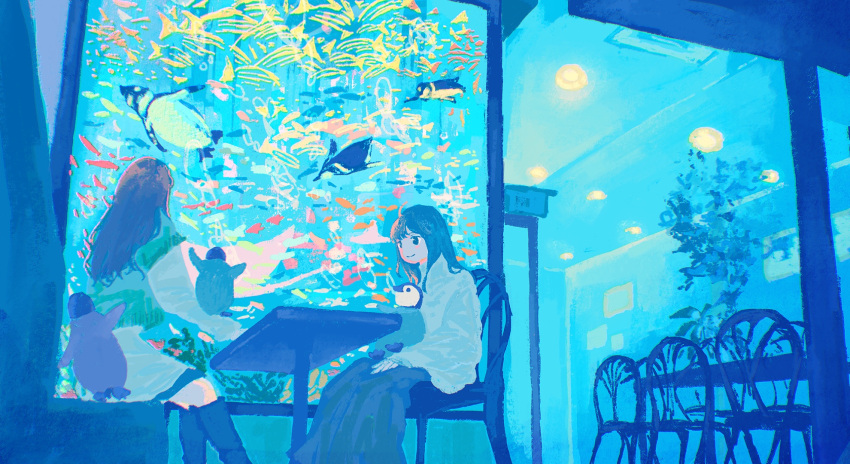 2girls aquarium bird black_footwear black_hair black_skirt blouse blue_theme boots brown_hair ceiling_light chair closed_mouth coffee_shop commentary_request feet_out_of_frame fish green_sweater highres indoors knee_boots long_hair looking_at_another multiple_girls original penguin shirt skirt smile sweater tabisumika table white_blouse white_shirt