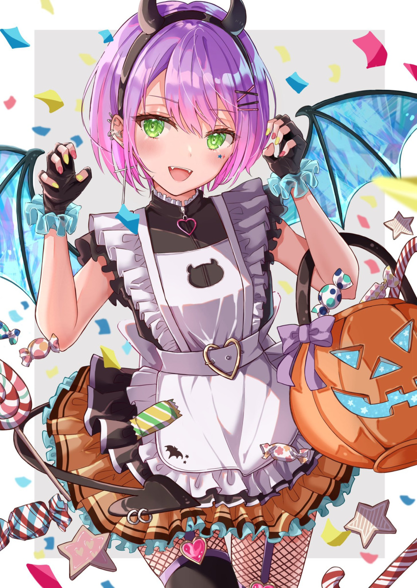 1girl :d apron bangs black_dress black_gloves black_hairband black_legwear blush candy candy_cane claw_pose commentary confetti demon_horns demon_tail demon_wings dress ear_piercing english_commentary eyebrows_visible_through_hair facial_mark fake_horns fingerless_gloves fishnet_legwear fishnets food frilled_apron frilled_dress frilled_skirt frills garter_straps gloves green_eyes green_nails green_skirt hairband halloween halloween_bucket highres hololive horns looking_at_viewer maid_apron minausa multicolored multicolored_hair multicolored_nails nail_polish pantyhose piercing pink_hair purple_hair red_nails simple_background skirt smile solo tail tail_ornament tail_piercing thigh-highs thighhighs_over_pantyhose tokoyami_towa two-tone_hair virtual_youtuber white_apron wings