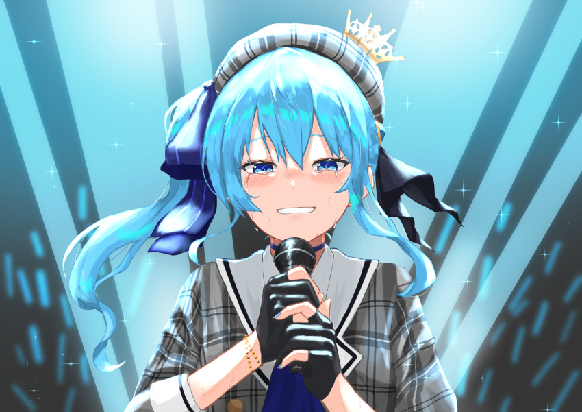 1girl 6mint absurdres beret black_gloves blue_eyes blue_hair blue_nails blush commentary_request crying crying_with_eyes_open gloves hat highres holding holding_microphone hololive hoshimachi_suisei looking_at_viewer microphone nail_polish partially_fingerless_gloves side_ponytail solo tears upper_body virtual_youtuber