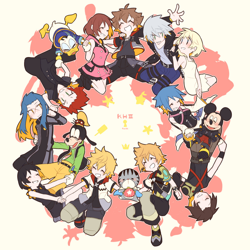 4girls 6+boys :d aqua_(kingdom_hearts) axel_(kingdom_hearts) bird black_hair blonde_hair blue_hair brown_hair chirithy closed_eyes dog donald_duck duck goofy hat highres holding_hands isa_(kingdom_hearts) kairi_(kingdom_hearts) kingdom_hearts kingdom_hearts_iii kitsune_no_ko lea_(kingdom_hearts) mickey_mouse mouse multiple_boys multiple_girls namine redhead riku_(kingdom_hearts) roxas saix silver_hair smile sora_(kingdom_hearts) terra_(kingdom_hearts) ventus_(kingdom_hearts) xion_(kingdom_hearts)