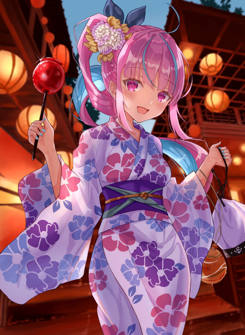 1girl :d ahoge bangs blue_hair blue_nails blush breasts candy_apple colored_inner_hair commentary_request eyebrows_visible_through_hair festival floating_hair floral_print flower food hair_flower hair_ornament hands_up highres holding holding_food hololive japanese_clothes kimono lantern long_hair looking_at_viewer minato_aqua minausa multicolored_hair nail_polish obi open_mouth outdoors pouch print_kimono purple_hair purple_kimono sash smile solo standing two-tone_hair violet_eyes virtual_youtuber