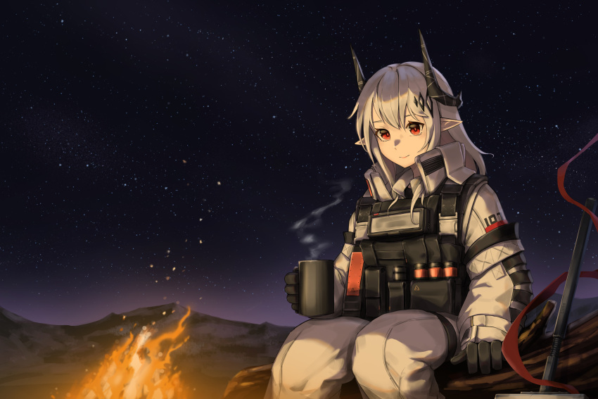 1girl absurdres arknights bangs black_gloves campfire chinese_commentary coat commentary_request cup feet_out_of_frame fire gloves grey_hair hammer highres holding holding_cup horns load_bearing_vest log long_hair long_sleeves looking_at_viewer lunn mountainous_horizon mudrock_(arknights) night night_sky outdoors pants pointy_ears red_eyes sitting sitting_on_log sky sledgehammer smile snap-fit_buckle solo star_(sky) steam white_coat white_pants